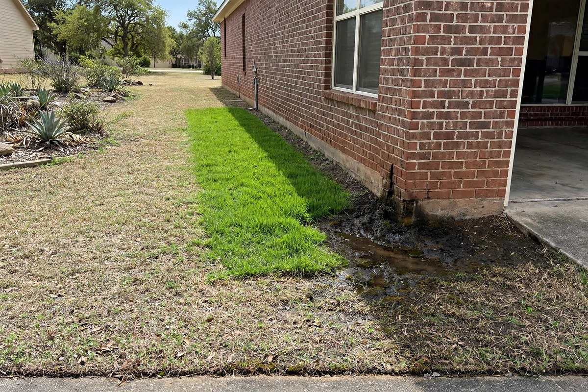 A strip of unusually lush green grass and a soggy patch beside a brick Keller home — signs of a broken sewer line underground