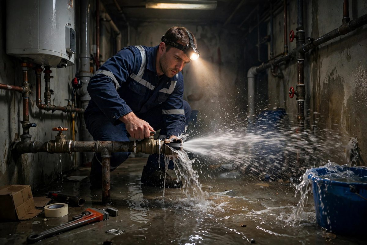 Emergency technician shutting off a burst pipe spraying water in a Keller, TX home