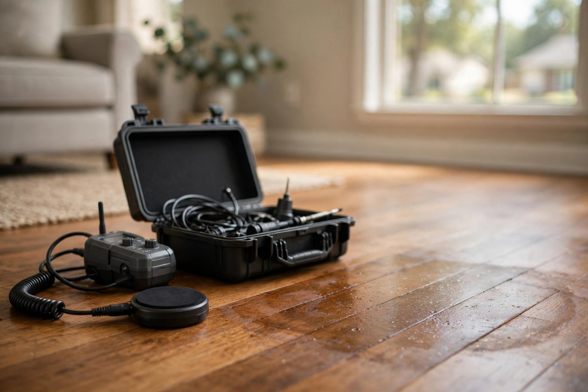 How to find a slab leak in a Keller home — electronic listening equipment testing a floor over the concrete slab for a hidden pipe leak
