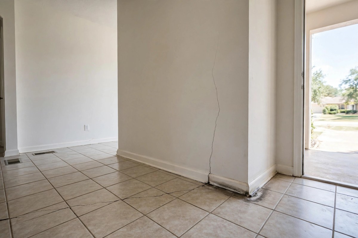 Slab leak or foundation problem in a Keller home — a floor crack and damp baseboard that could signal a hidden leak under the slab