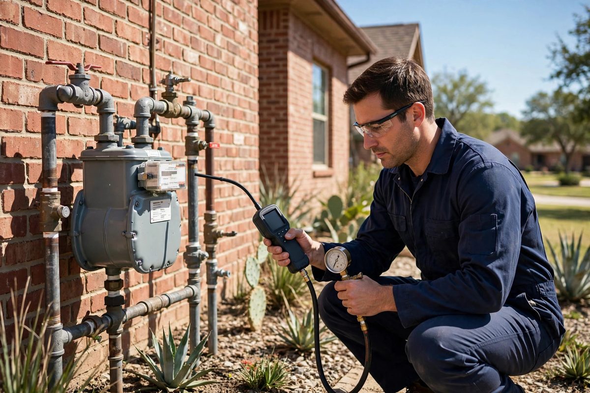 Technician pressure-testing a residential gas meter for leaks at a Keller, TX brick home