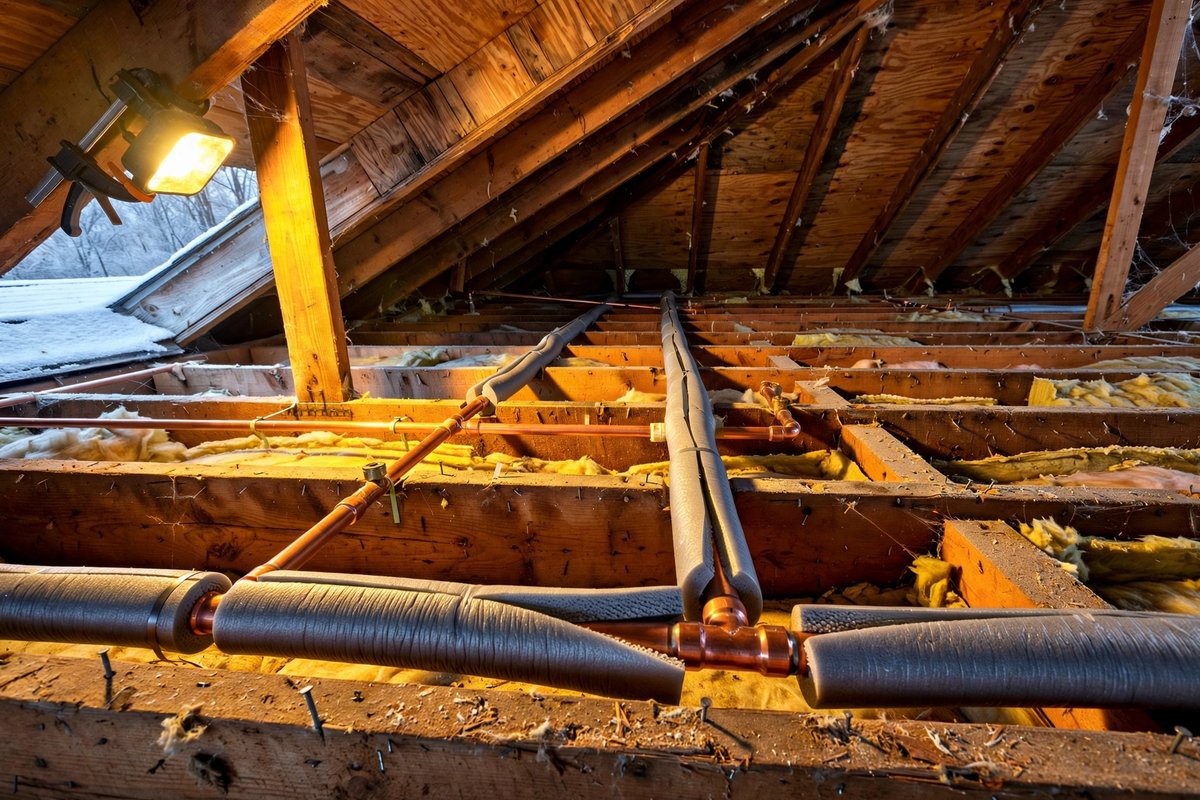 Copper pipes wrapped in foam insulation sleeves in a Keller home’s attic — the evening of prep that keeps pipes from freezing