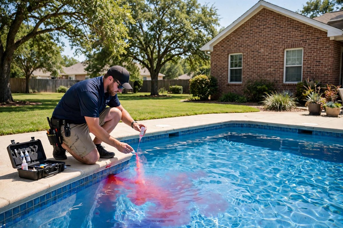 Technician performing a dye test to detect a pool leak in a Keller, TX backyard