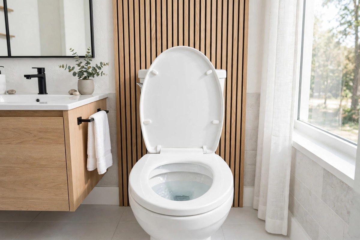 A clean white toilet with its lid up in a bright Keller bathroom — the first place to look when a toilet keeps running