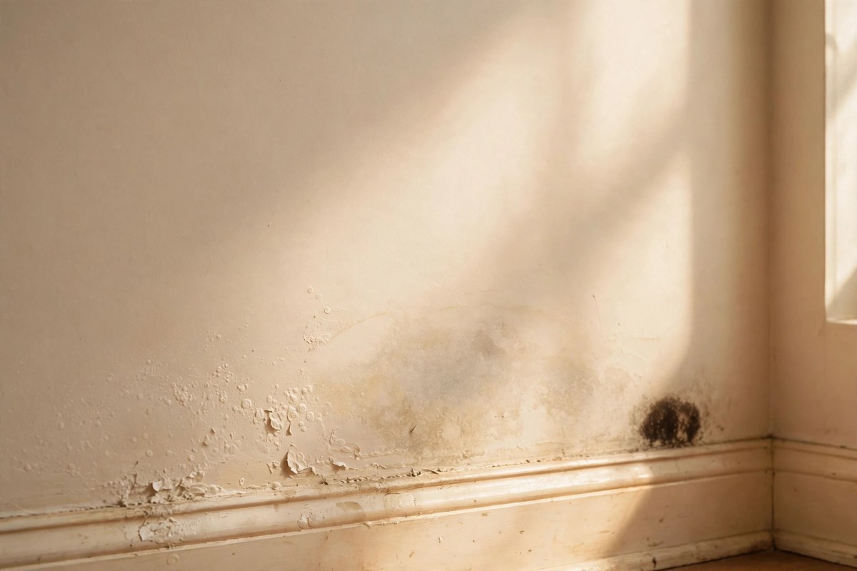 A quiet interior wall in a Keller home with a faint damp stain near the baseboard — the kind of mark that appears when water is running inside the wall