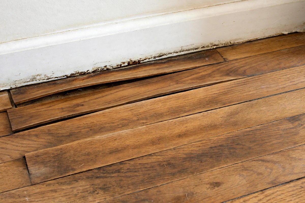 Water-damaged hardwood flooring in a Keller home — the kind of slab leak damage a homeowners insurance claim may cover