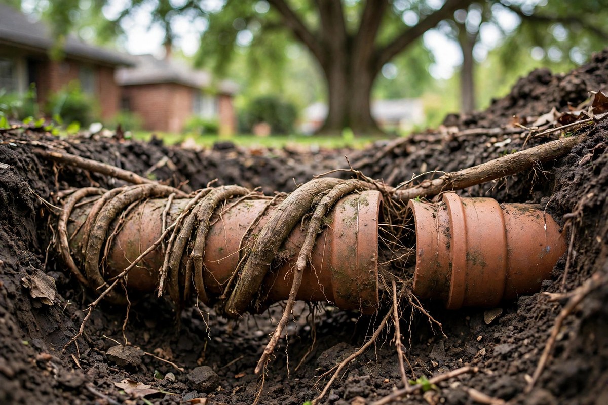 Tree roots wrapped around a clay sewer pipe in an excavated trench in a Keller front yard, with a large shade tree and brick home behind it