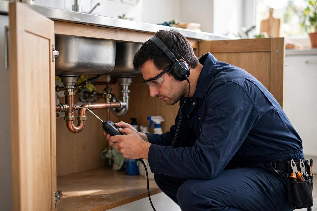 Leak detection specialist using acoustic equipment on copper pipes under a kitchen sink in Keller, TX