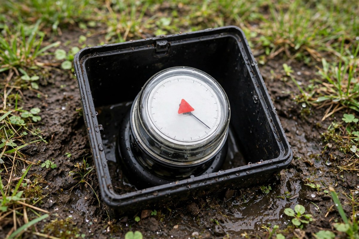 A residential water meter dial with its red leak-indicator triangle inside an open meter box in a Keller front yard